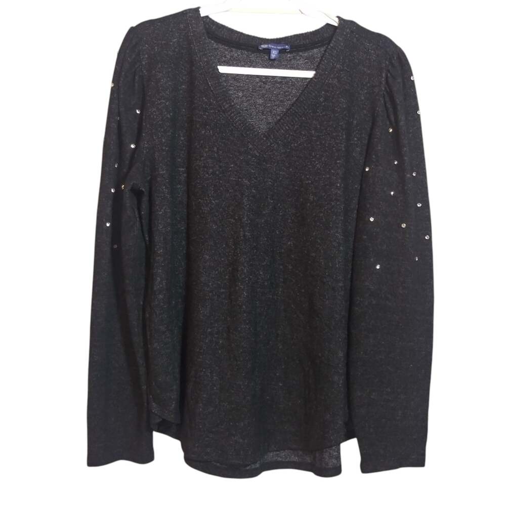 Democracy V-Neck Knit Top Heather Charcoal Rhinestone Bling Size L